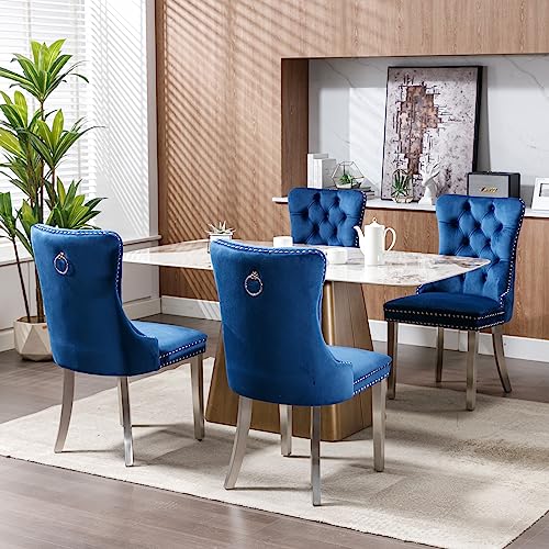 Set of 2 Blue Velvet Dining Chairs with Chrome Legs