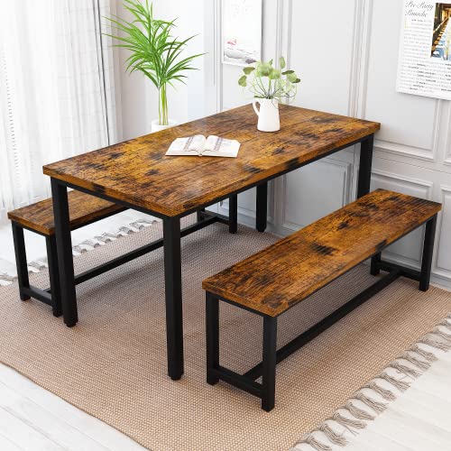 Farmhouse Dining Table Set for 4 with Benches