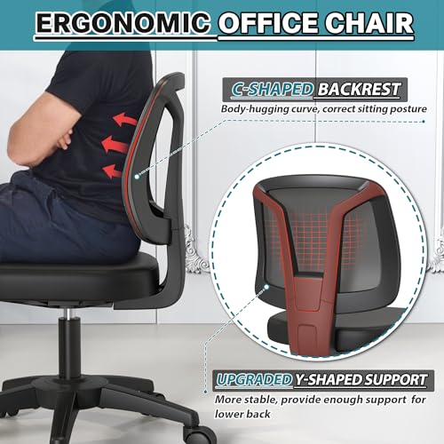 Ergonomic Armless Swivel Desk Chair for Small Spaces – Adjustable Height, Black, with Wheels