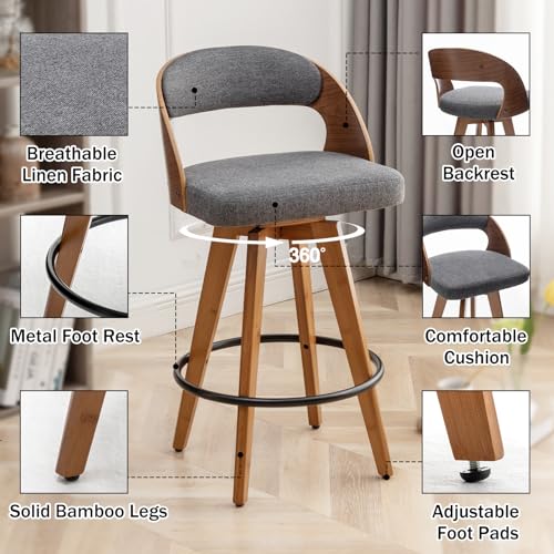 Modern 26.8 Inch Barstools Set of 2 for Kitchen Island, Swivel Counter Stools with Wood Back and Bamboo Legs