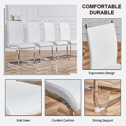 AZmac 63 Glass Dining Table Set for 6 with White PU Leather Chairs
