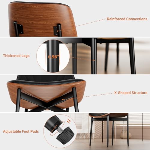 Set of 2 Mid Century Modern Upholstered Dining Chairs with Walnut and Metal Legs, Black