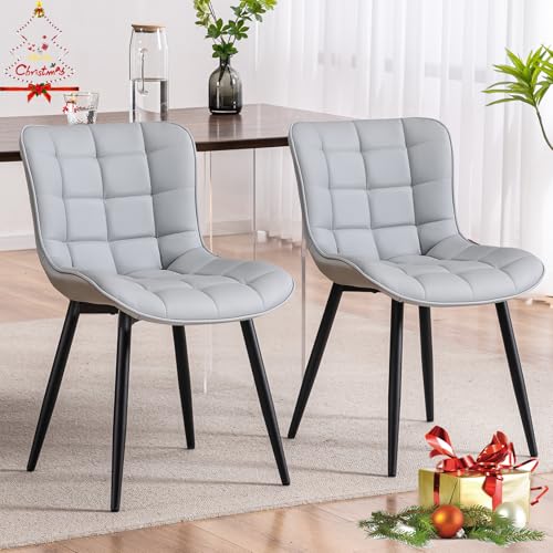 YOUTASTE Set of 2 Grey PU Leather Dining Chairs with Metal Legs