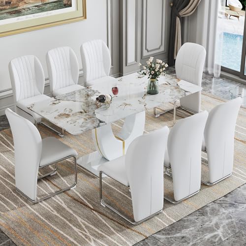 8-Person Dining Table Set with White Faux Marble and Leather Chairs