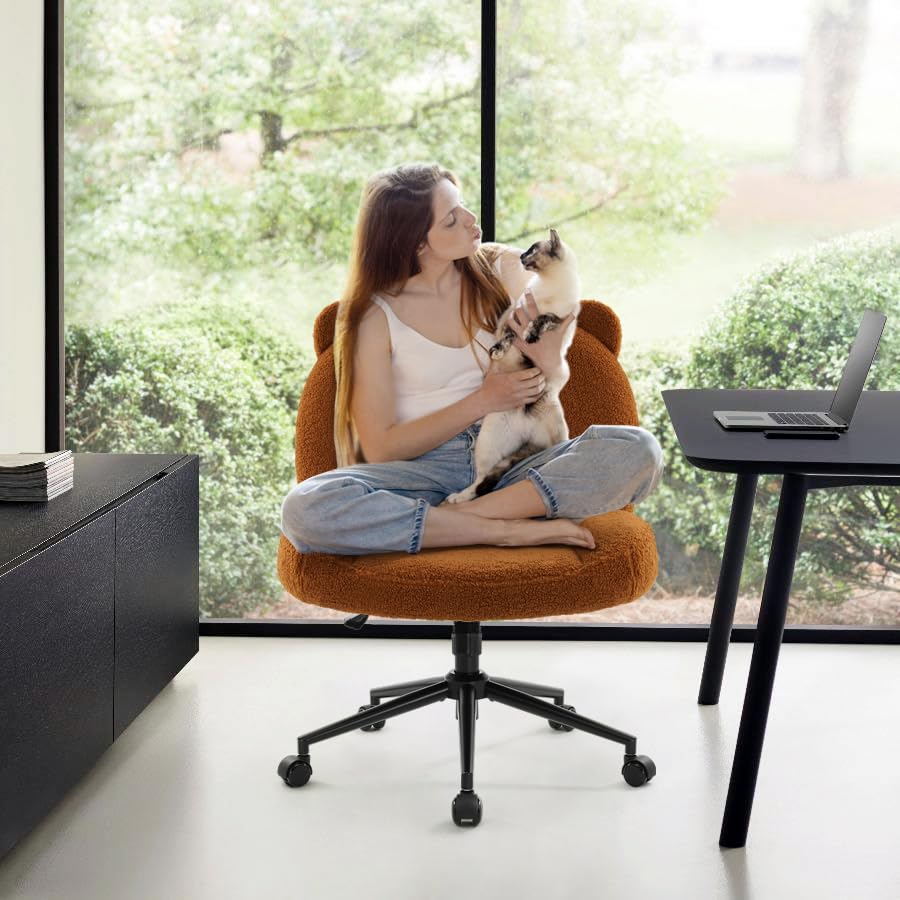 Ergonomic Armless Office Desk Chair with Wheels, Height Adjustable, Fabric Padded Seat for Home and Bedroom (Brown)
